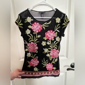 Black and pink floral lace top. Mesh/sheet. Size medium. INC brand.